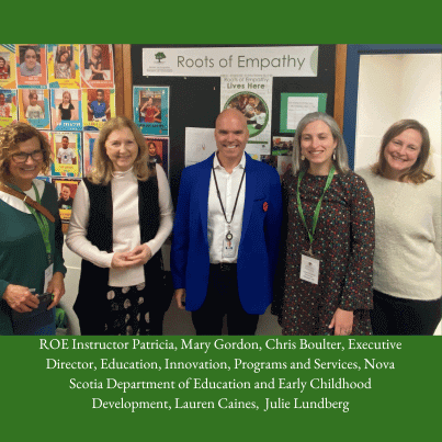 Group shot at Nova Scotia classroom of Roots of Empathy Staff and Chris Boulter