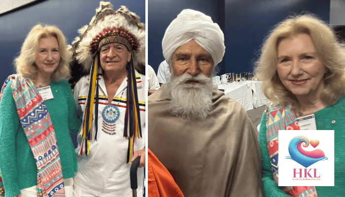 Founder, President, CEO Mary Gordon at the Humility Kindness and Love Conference with Chief Phil Lane Jr. and Baba Baldev Singh Ji