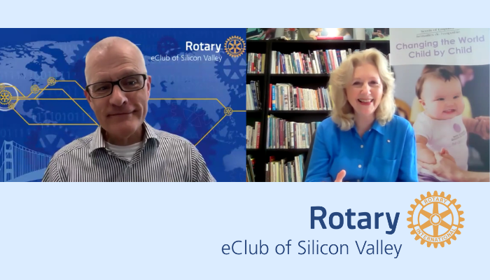 Mary Gordon, Founder, President, and CEO of Roots of Empathy, speaks virtually with Rushton Hurley of the Rotary eClub of Silicon Valley during a weekly speaker series